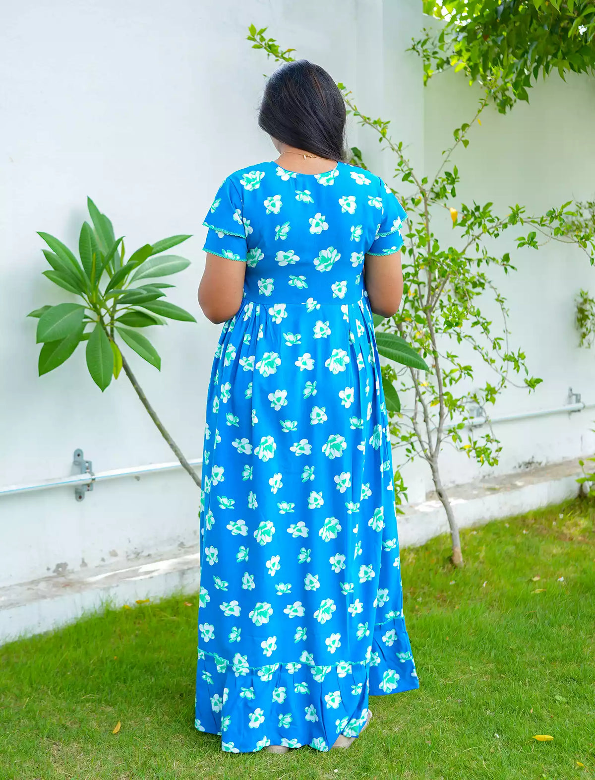 Sea Blue Feeding Flared Frock with Frill - Mangai Nighties