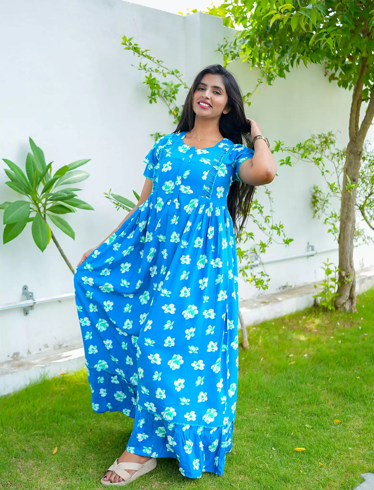 Rayon Zipper Layer Sleeve Feeding Flared Frock -Mangai Nighties