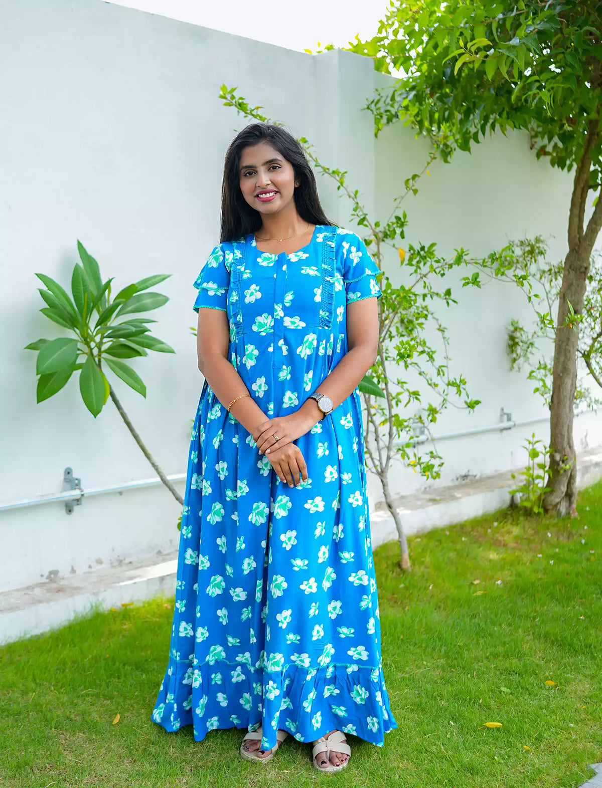 Sea Blue Print Rayon Feeding Flared Frock with Frill - Mangai Nighties