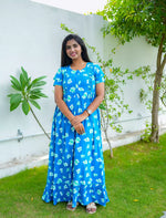 Sea Blue Print Rayon Feeding Flared Frock with Frill - Mangai Nighties