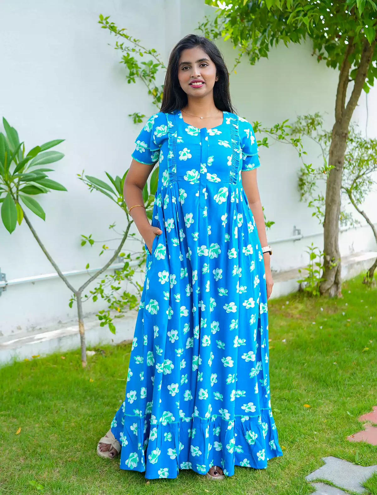 Sea Blue Rayon Maternity Feeding Flared Dress Mangai Nighties