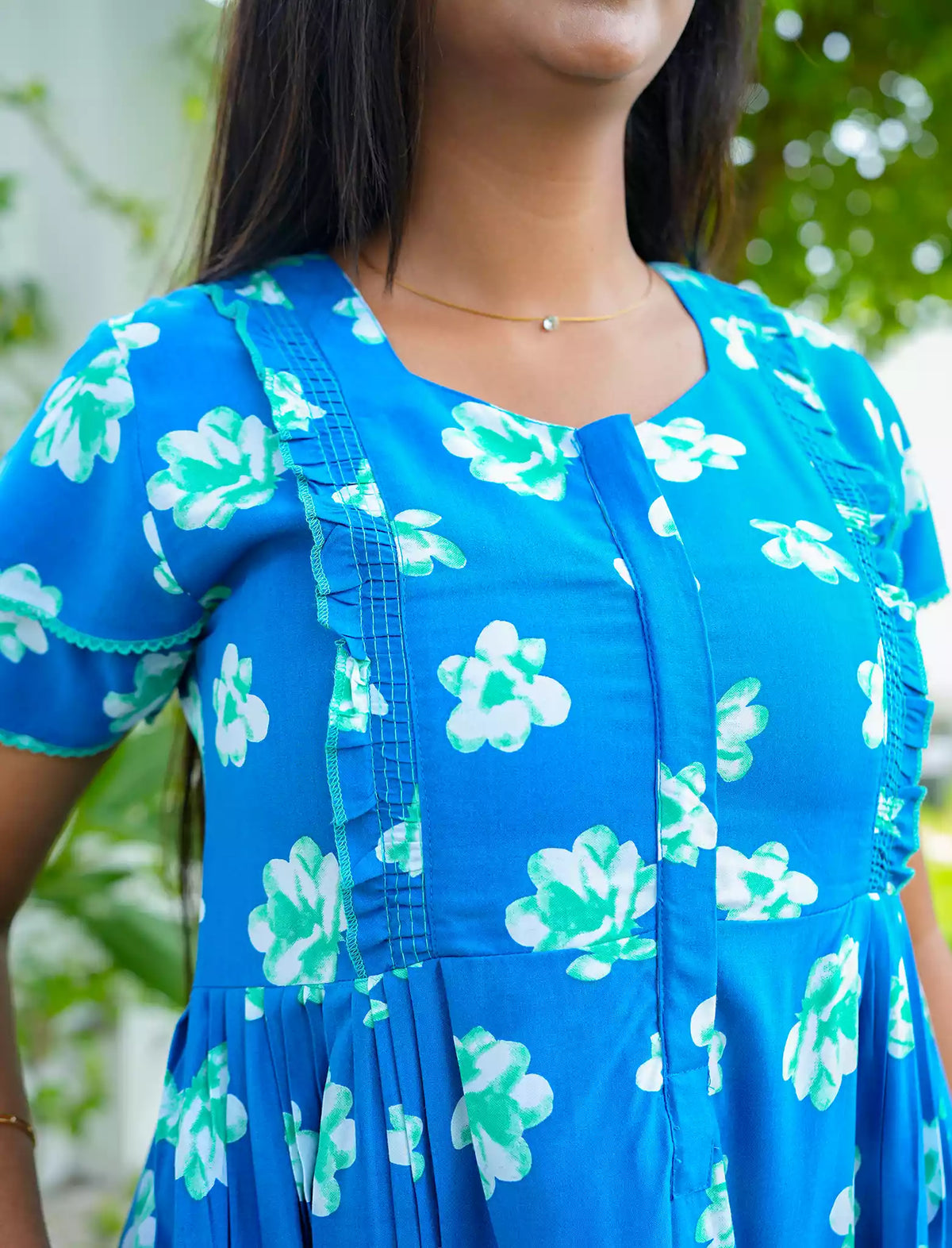 Sea Blue Feeding Flared Full Frock with Zip - Mangai Nighties