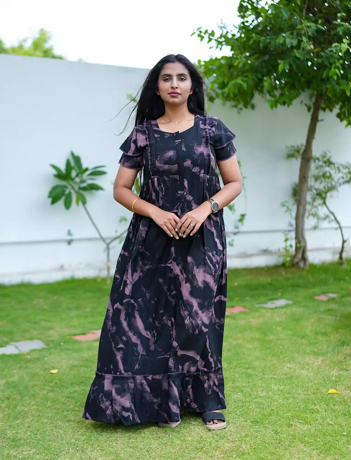 Violet Abstract Print Rayon Maternity Feeding Flared Dress Mangai Nighties