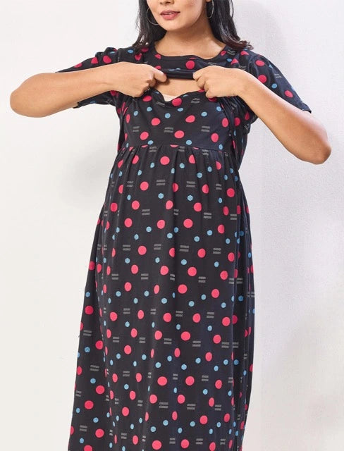 Black Easy Flip Open Breastfeeding Zipless Maternity Frock - Mangai Nighties