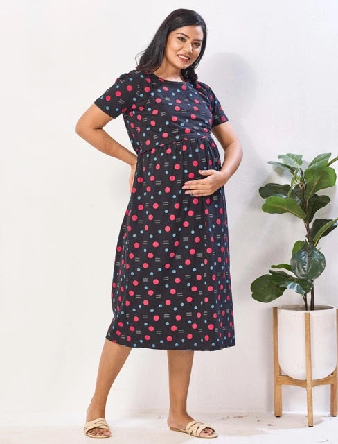 Black Polka dots Zipless Maternity Maxi easy Flip Open Feeding wear - Mangai Nighties
