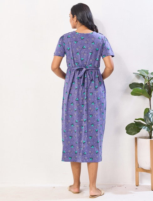 Lavender Hosiery Cotton Maternity Maxi with Back tie Rope - Mangai Nighties