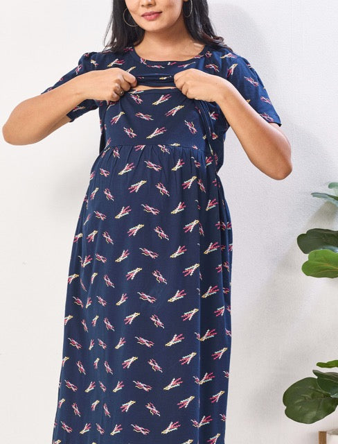 Navy Flip Open Easy Breastfeeding Maternity wear - Mangai Nighties