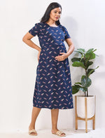 Navy Geometric Hosiery Cotton Maternity Feeding Maxi - Mangai Nighties