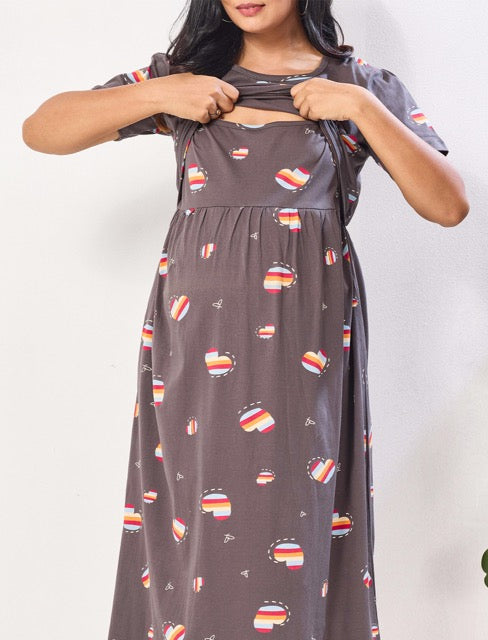 Grey Heart Printed Flip Open Zipless Maternity Feeding Maxi - Mangai Nighties