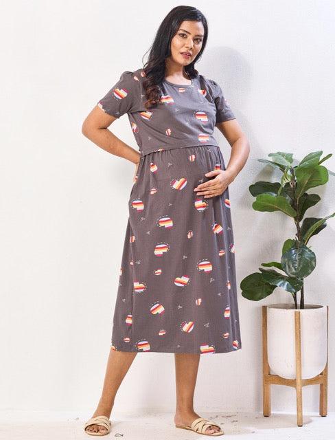Hosiery Cotton Maternity Zipless Feeding Maxi with side Pocket - Mangai Nighties