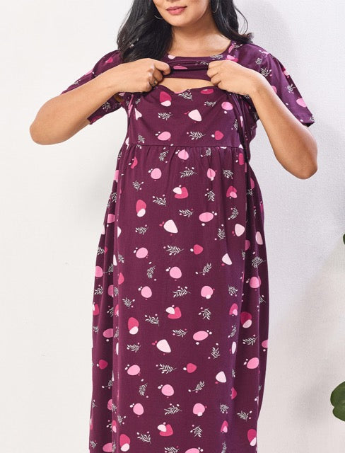 Maroon leaf Printed Breastfeeding Maxi Maternity Wear - Mangai Nighties