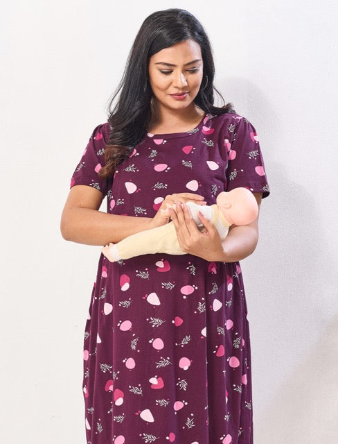 Hosiery Cotton Printed Feeding Friendly Maternity Maxi - Mangai Nighties