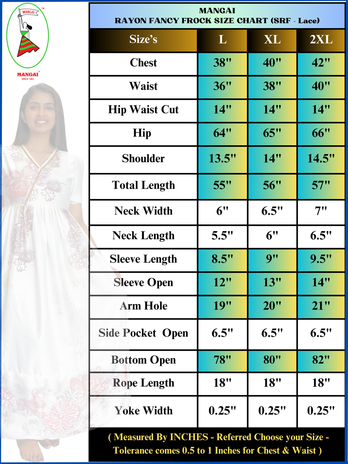 Rayon Long Frock Lace V Neckline Flared Frock Size Chart - Mangai Nighties