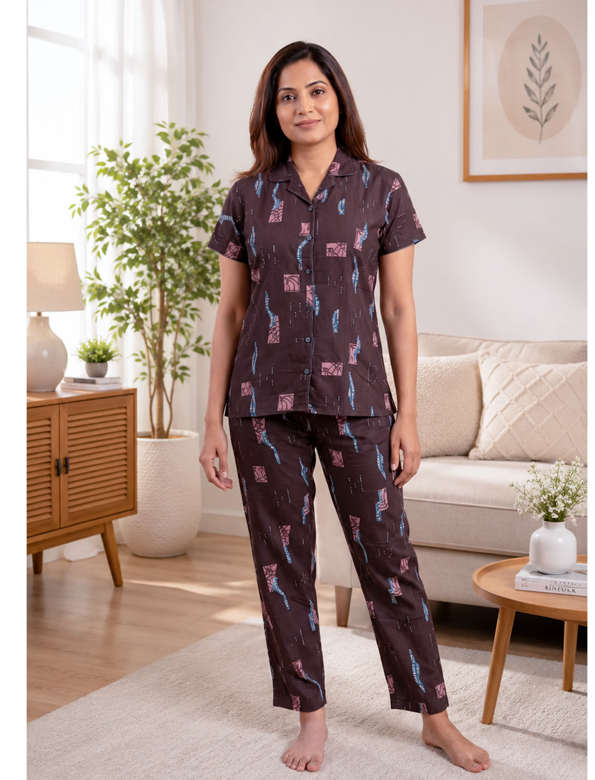 Coffee Brown Abstract Print Night Suit Set | Mangai Nighties