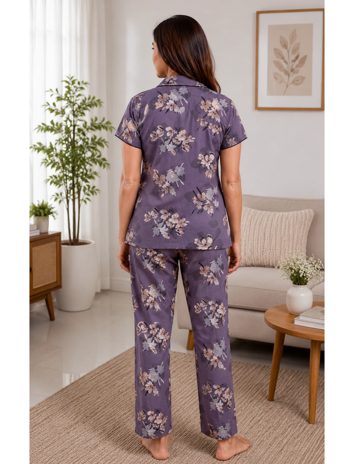 Lavender Beige Floral Print Hosiery Night Suit Set | Mangai Nighties
