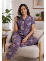 Lavender Beige Floral Print Hosiery Night Suit Set | Mangai Nighties