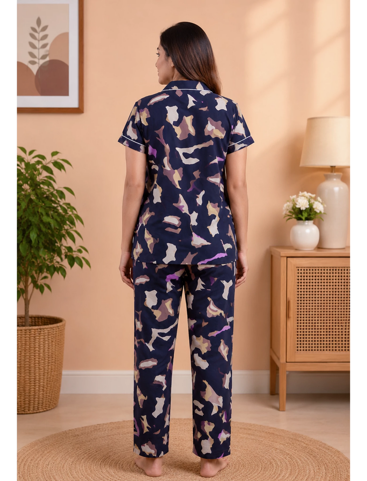 Navy Abstract Print Hosiery Night Suit Set | Mangai Nighties