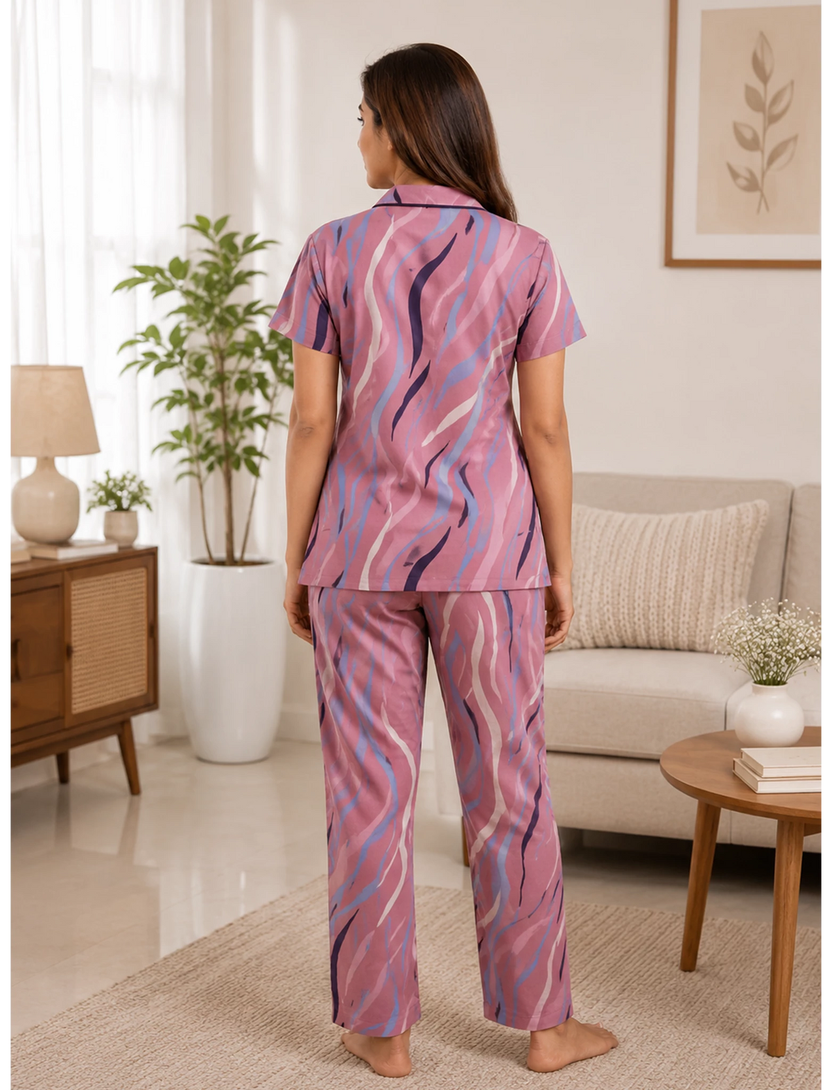 Dusty Pink Abstract Wave Print Hosiery Night Suit Set | Mangai Nighties