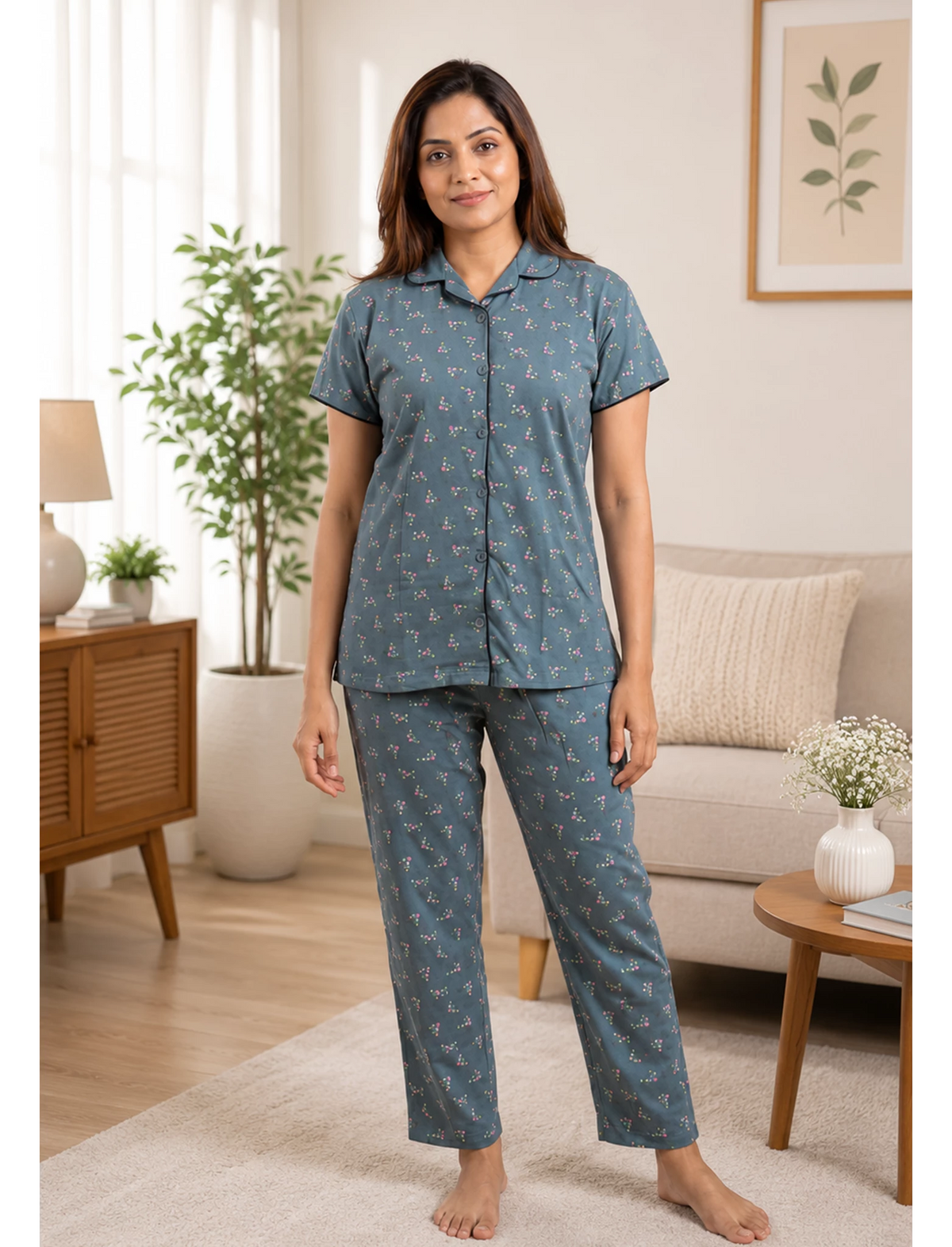 Teal Green Floral Print Hosiery Night Suit Set | Mangai Nighties
