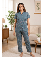Teal Green Floral Print Hosiery Night Suit Set | Mangai Nighties