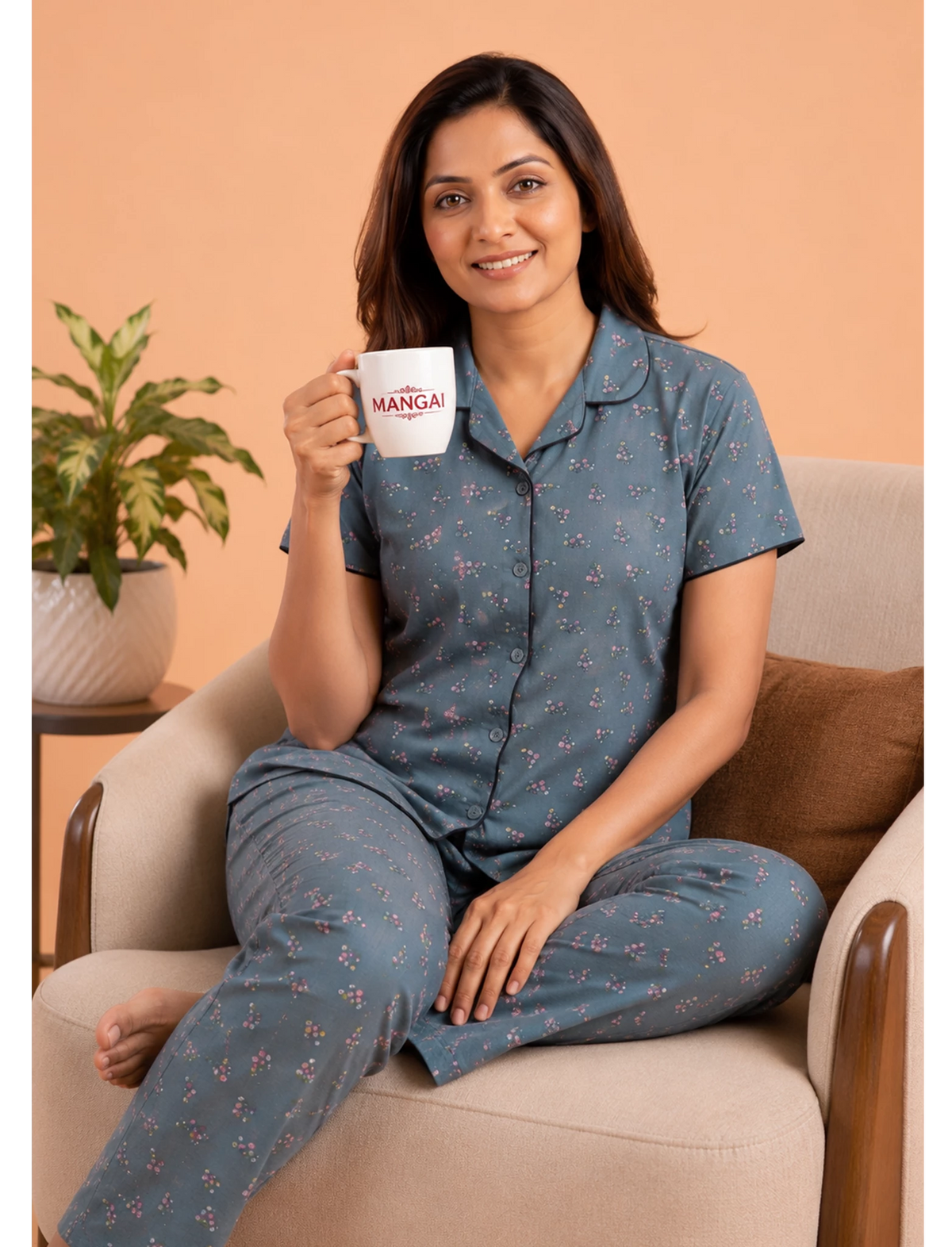 Teal Green Floral Print Hosiery Night Suit Set | Mangai Nighties