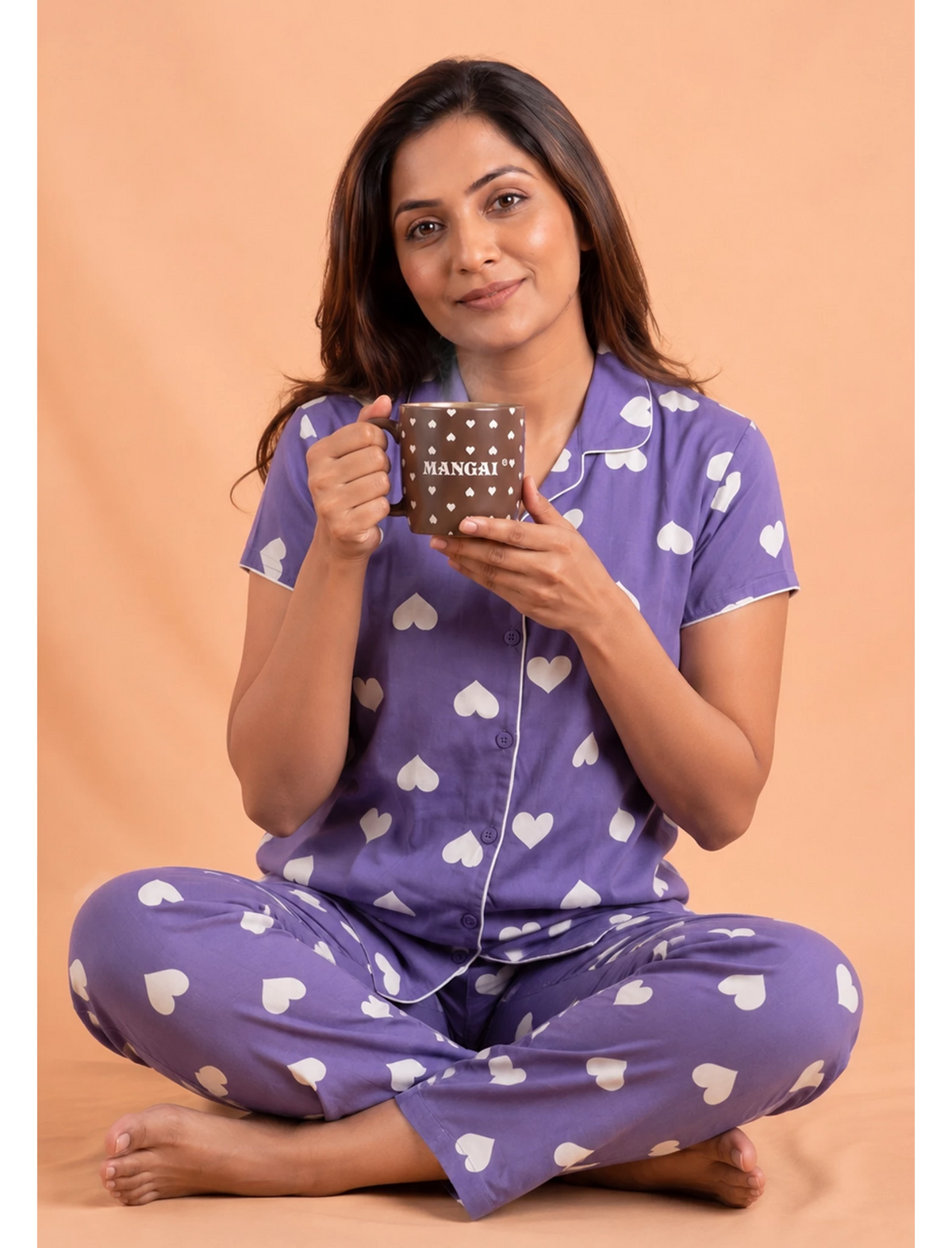 Violet Heart Print Hosiery Night Suit Set | Mangai Nighties