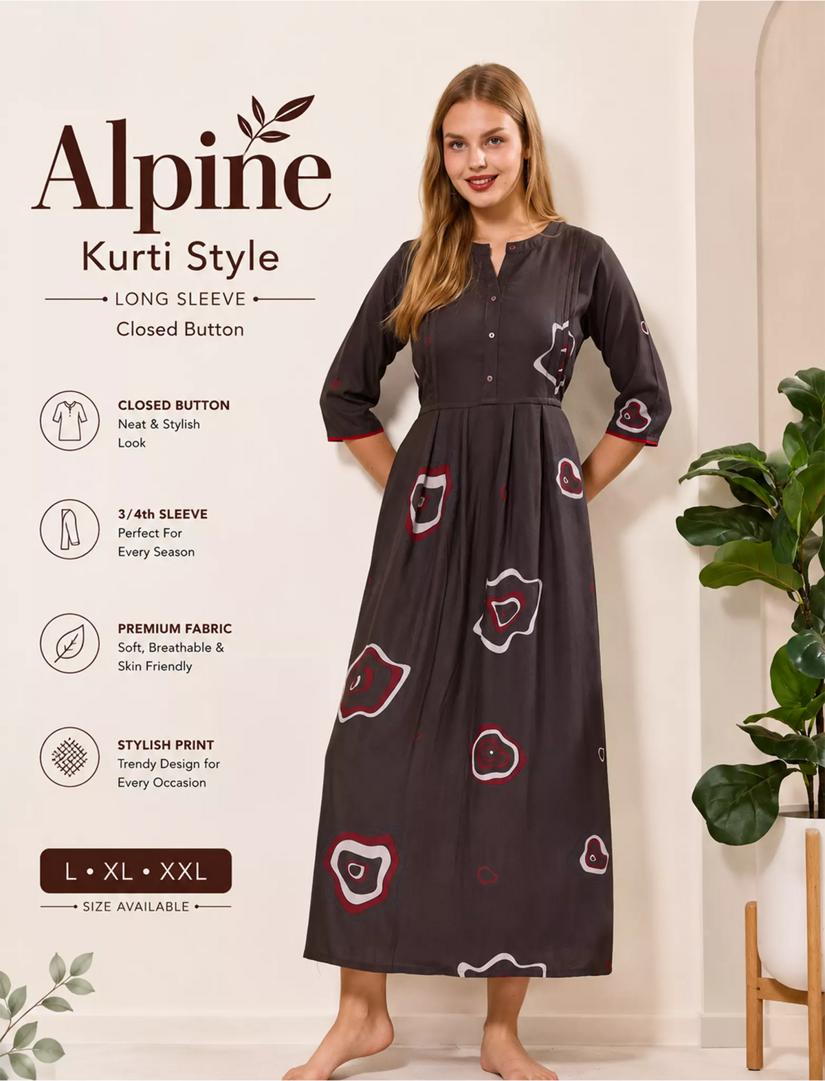 Coffee Brown Alpine Kurti without Zipper - Mangai Nighties