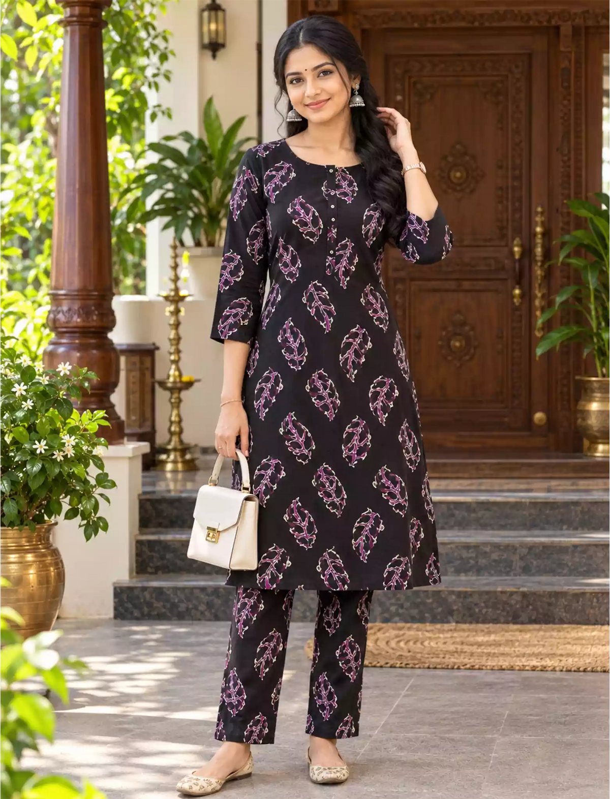 Rayon Floral Print Co-ord Set with Long Sleeves & Elastic Bottoms - Mangai Nighties