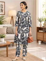 Rayon Leaf Print Co-ord Set | Long Top & Bottom | Casual Wear Set - Mangai Nighties