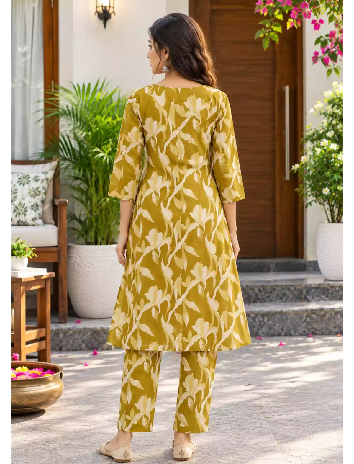 Rayon Floral Print Co-ord Set Long Top, Buttons & Elastic Bottoms - Mangai Nighties