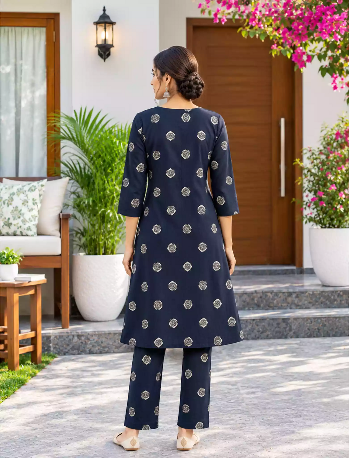 Rayon Floral Print Co-ord Set with Long Sleeves & Button Detail - Mangai Nighties