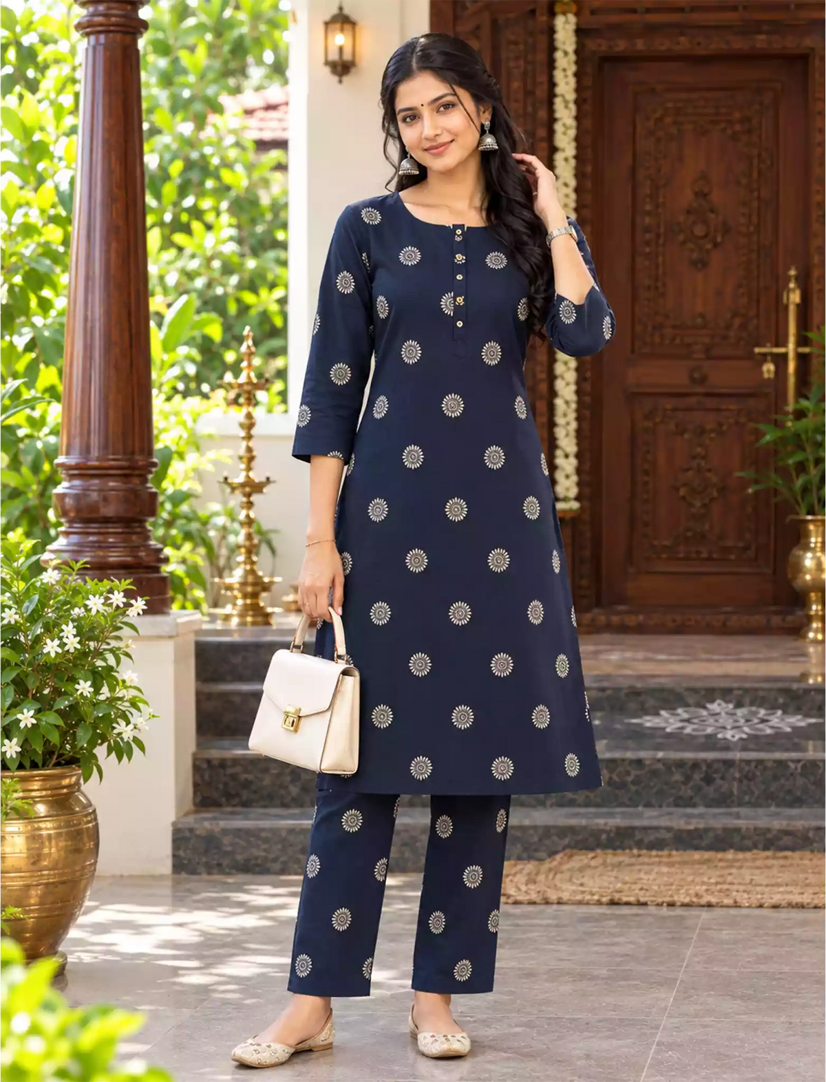 Rayon Floral Print Co-ord Set with Long Sleeves & Button Detail - Mangai Nighties