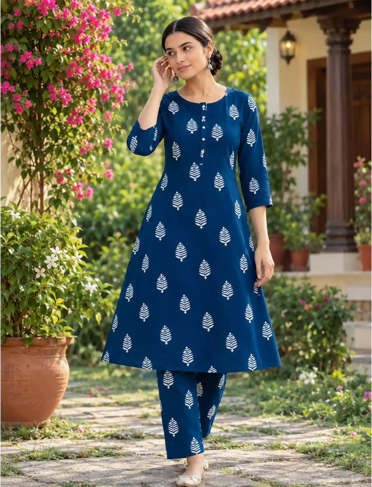 Navy Blue Rayon Print Co-ord Set for Women - Mangai Nighties