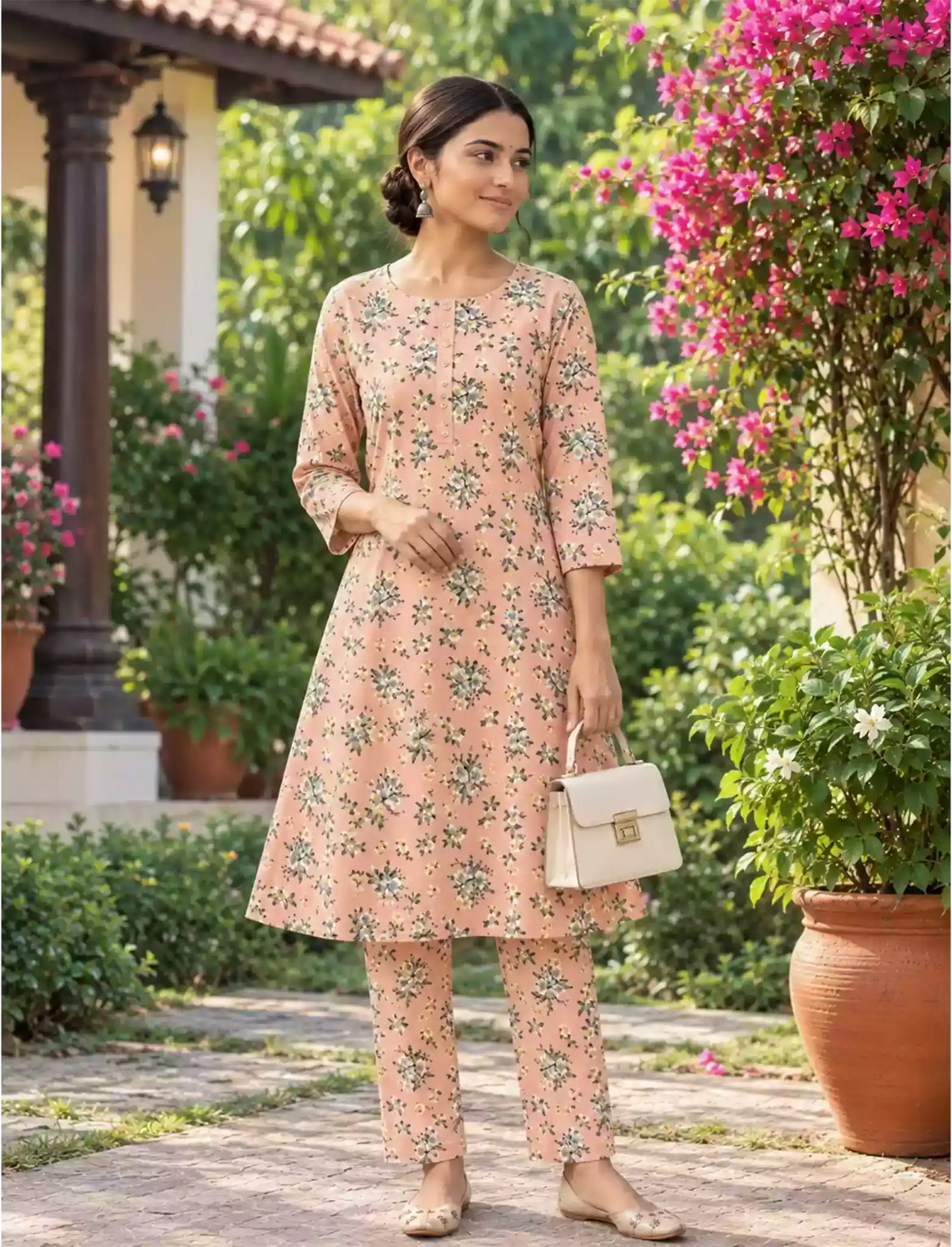 Peach Floral Rayon Co-ord Set with Pants - Mangai Nighties