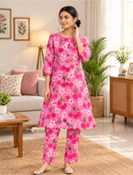 Rayon Cherry Print Co-ord Set | Long Sleeve Top & Elastic Bottoms - Mangai Nighties