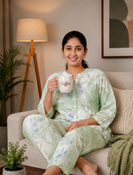 Mint Green Leaf Print Rayon Printed Co-ord Set - Mangai Nighties