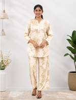 Beige Leaf Print Rayon Co-Ord Set - Mangai Nighties