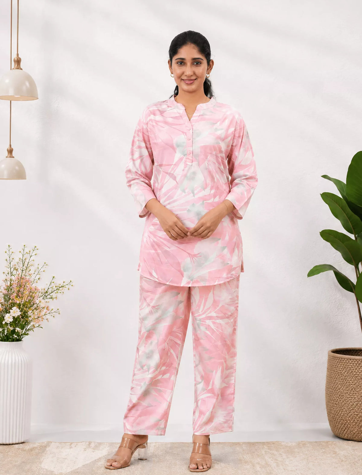 Pink Leaf Printed Rayon Printed Co-Ord Set - Mangai Nighties