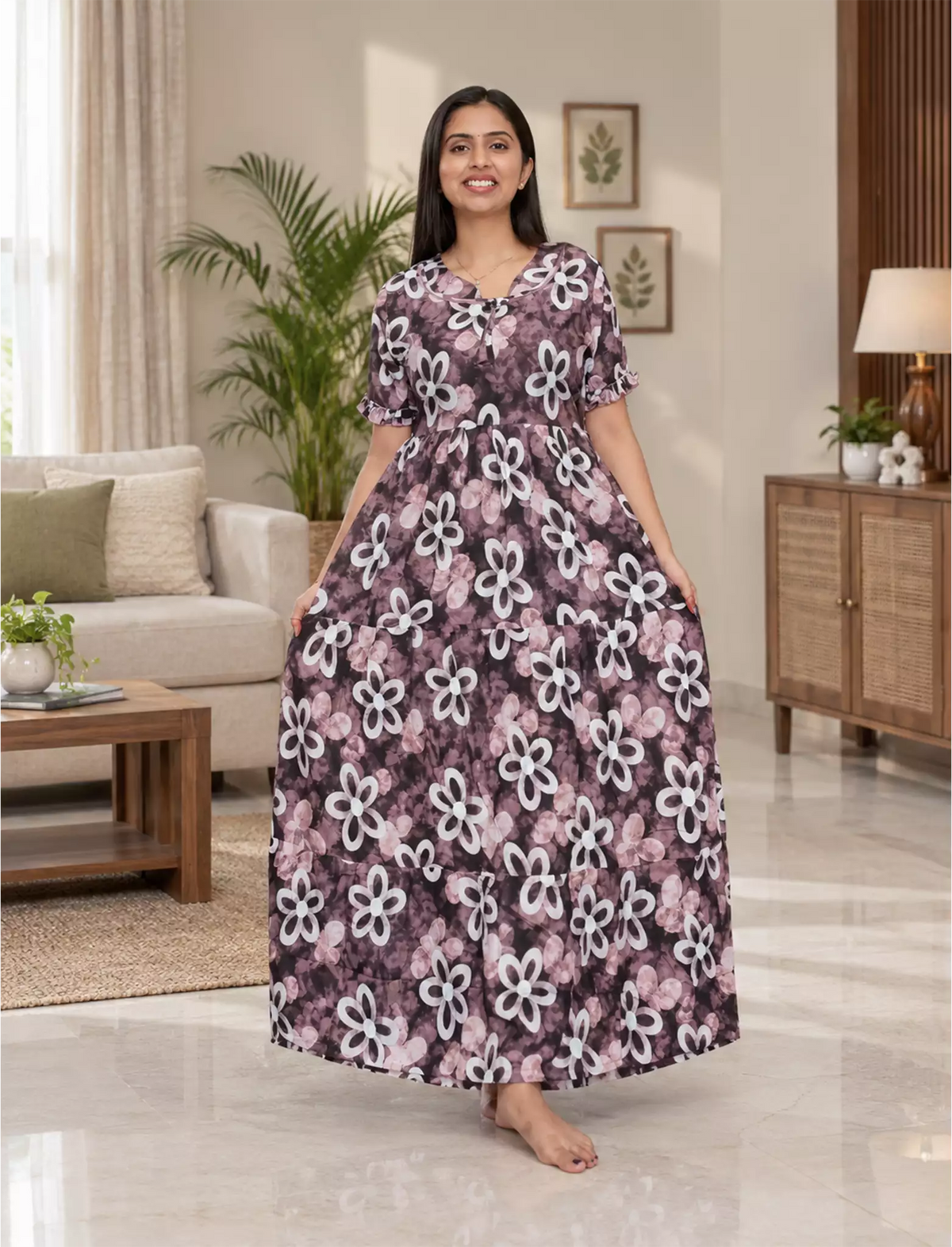 Long Olive Green Floral Rayon Frock with Side Pockets | Mangai Nighties