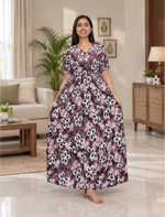 Long Olive Green Floral Rayon Frock with Side Pockets | Mangai Nighties