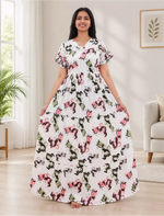 Ivory Printed Rayon Long Frock with Butterfly Neck and Back Tie – Mangai Nighties