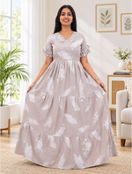 Beige Rayon Long Frock | Butterfly Collar Neck | Frill Sleeves | Side Pocket | Back Tie Rope – Mangai Nighties