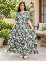 Long Olive Green Floral Rayon Frock with Side Pockets | Mangai Nighties