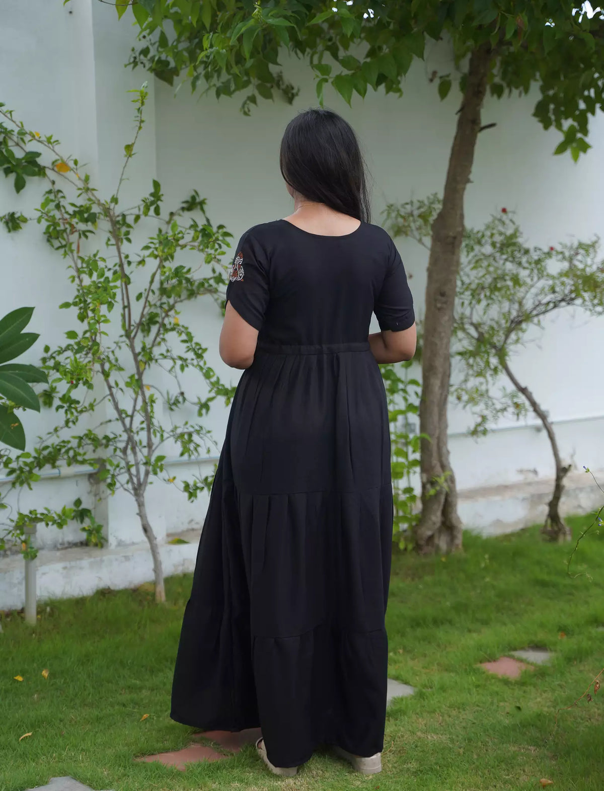 Tencel Plain Embroidery Full Frock with Front Gathering - Mangai Nighties