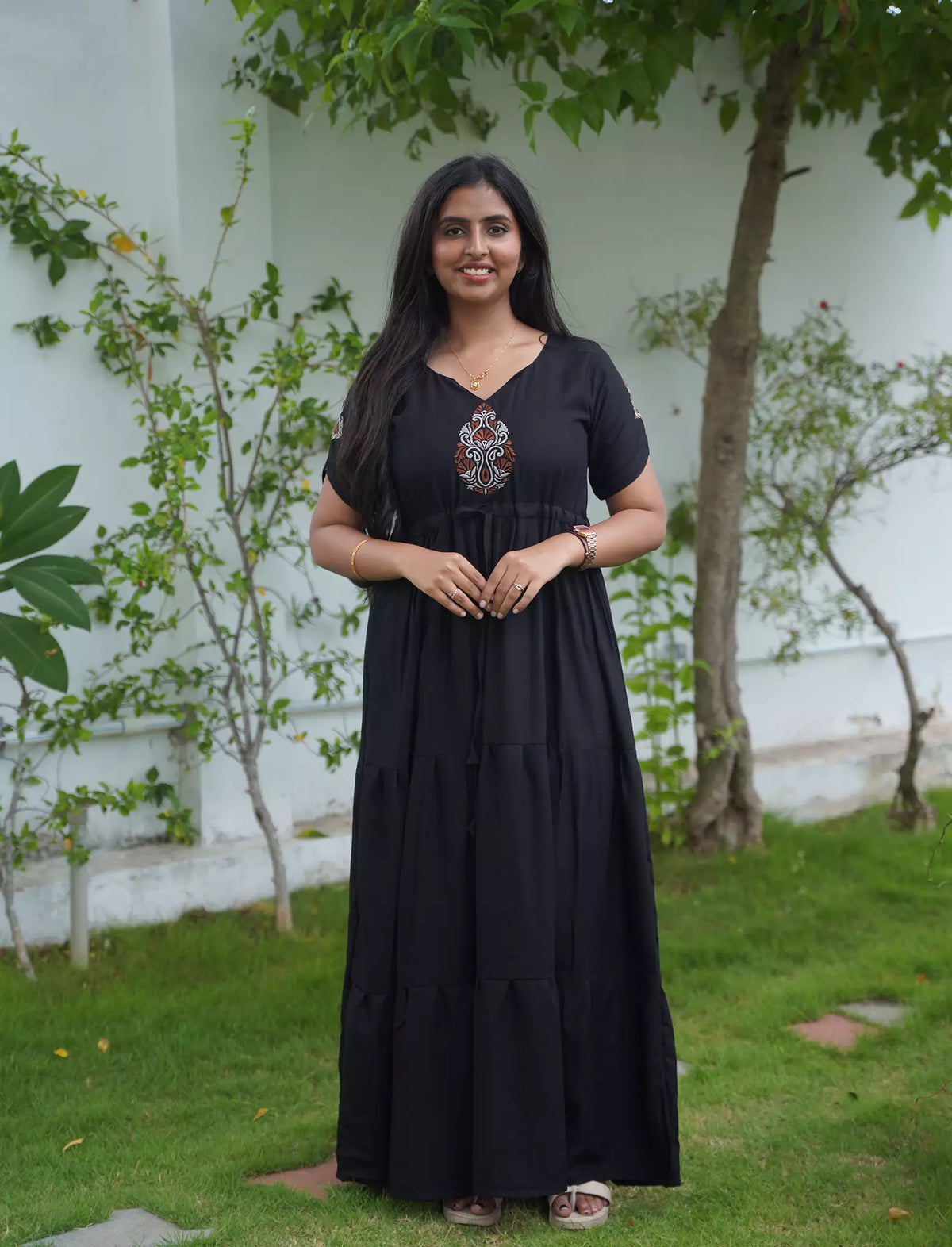 Tencel Plain Embroidery Full Frock with Front Gathering - Mangai Nighties