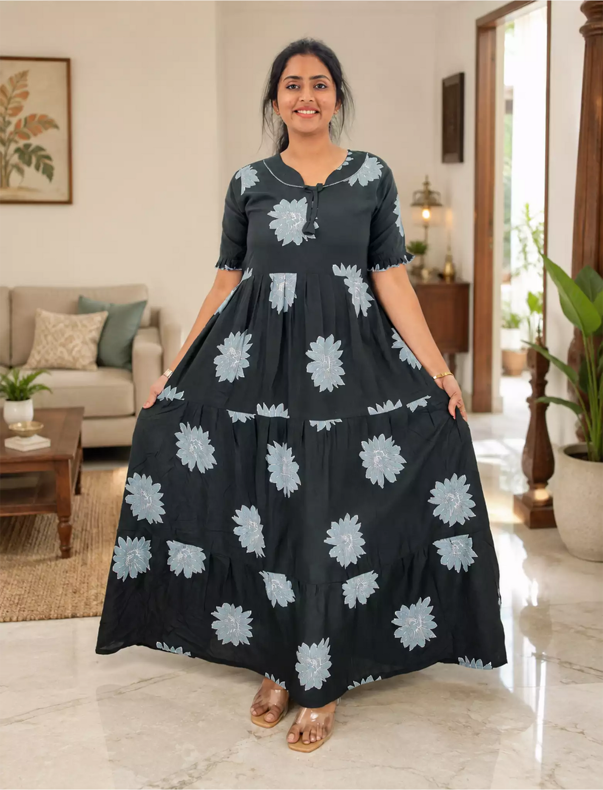 Mangai 3 Layer Frock Model Nighties Soft and Smooth Premium Quality Rayon Material , Fancy Frilled Sleeve, Side Pocket , Back tie Rope , Stylish Collection's for Trendy Women's (MRK)