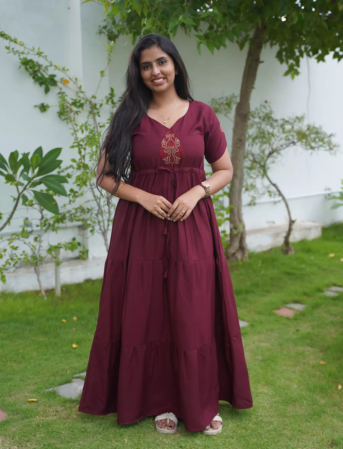 Tencel Plain Embroidery Full Frock with Front Gathering - Mangai Nighties