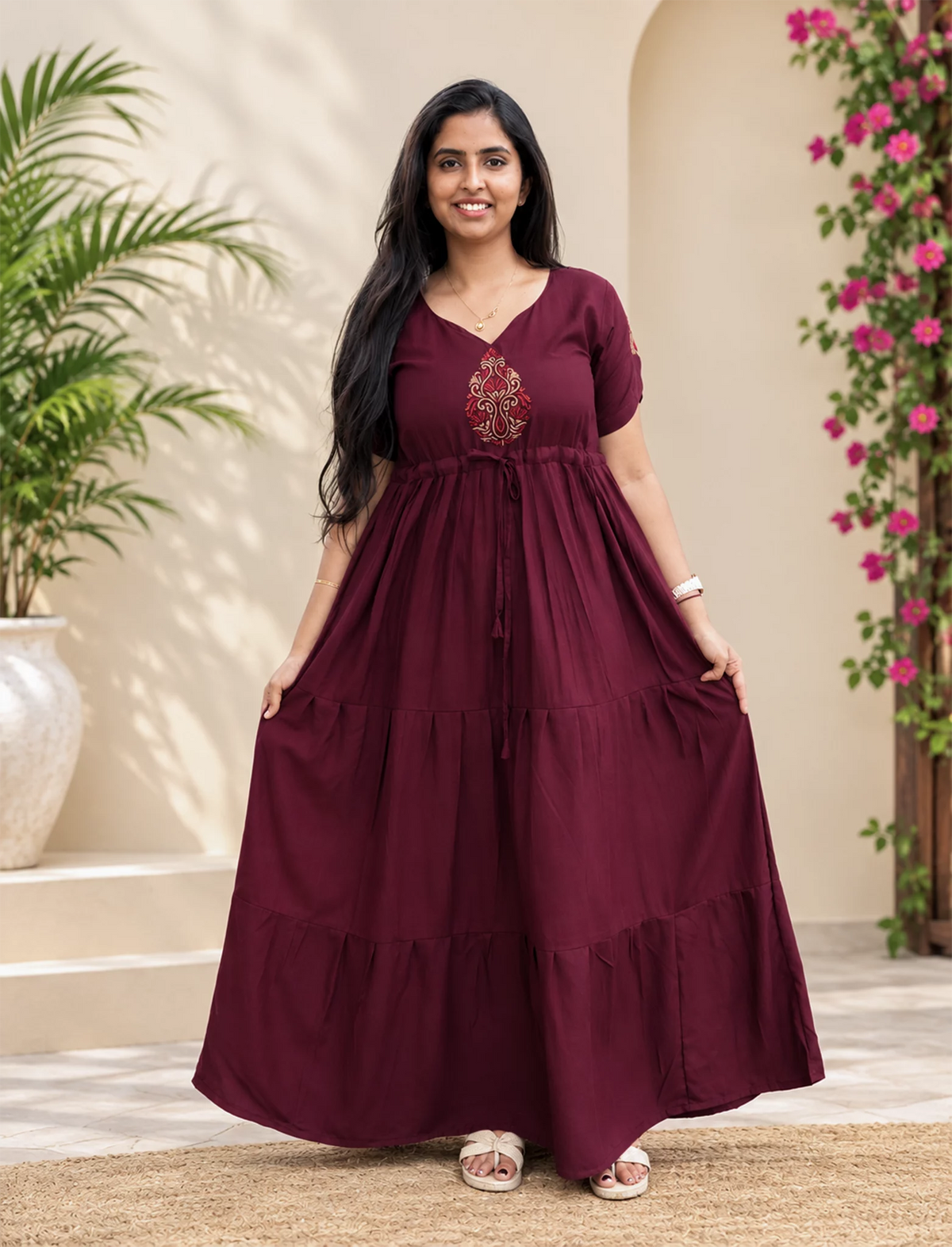 Tencel Plain Embroidery Full Frock with Front Gathering - Mangai Nighties