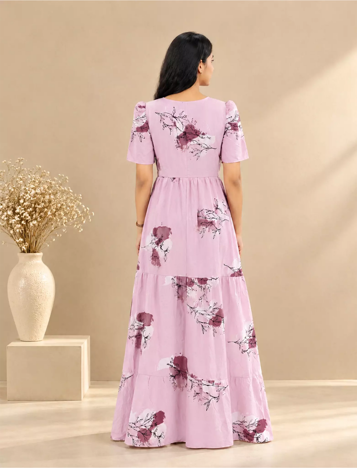 Rayon Floral Print Rayon Puff Sleeve Gathering Frock | Mangai Nighties