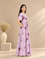 Rayon Floral Print Rayon Puff Sleeve Gathering Frock | Mangai Nighties